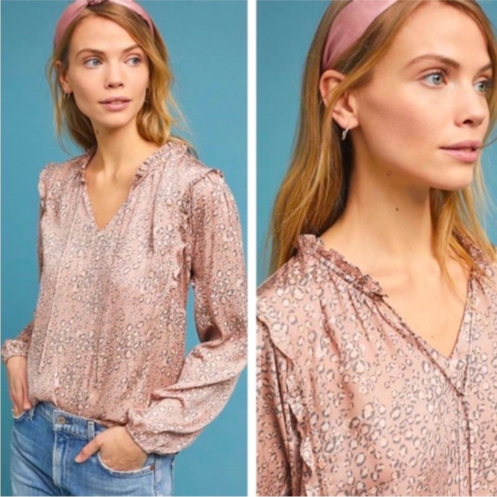 Anthropologie Dolan Med Miramar Leopard Animal Print Ruffle Tie Front Blouse